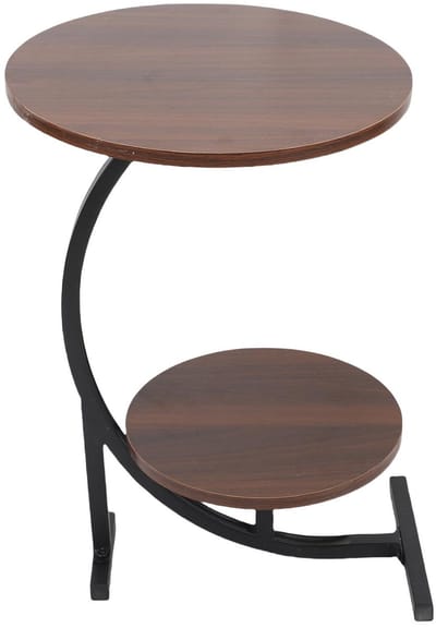 Bijzettafel - Banktafel - Rond - Op voet - Koffietafel - Bovenblad diameter 40 cm - Onderblad 30 cm - Metaal - Twee lagen - Walnootkleur