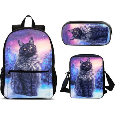 3 stuks 2D Platte Casual Rugzak Schoudertas Etui, Trendy Rugzak met Schattige Zwarte Kat Sterrenhemel Ster Print Geschikt voor Da