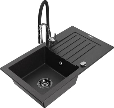 Mexen Pablo granieten spoelbak 1-komorige met afdruiprek en keukenmengkraan Aster, zwart/zilver metallic - 6510-73-73450-07-B