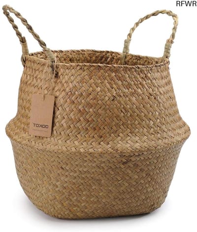 RFWR® Geweven Zeegras Buikmand - Opvouwbare Plant- en Speelgoedopslag (22 x 20 cm)