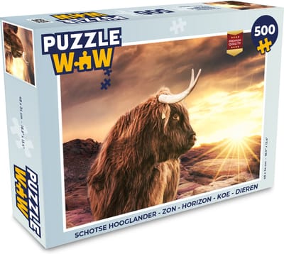 Puzzel Schotse hooglander - Zon - Horizon - Koe - Dieren - Legpuzzel - Puzzel 500 stukjes