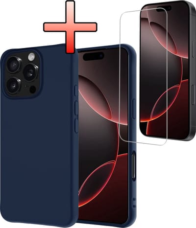 Hoesje - Met Screenprotector - Geschikt voor Apple iPhone 16 Pro - Sterk & Shockproof - Back Cover - Siliconen Case - Telefoon Hoes - Donkerblauw