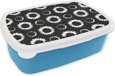 Broodtrommel Blauw - Lunchbox - Brooddoos - Bloemen - Patronen - Zwart - 18x12x6 cm - Kinderen - Jongen