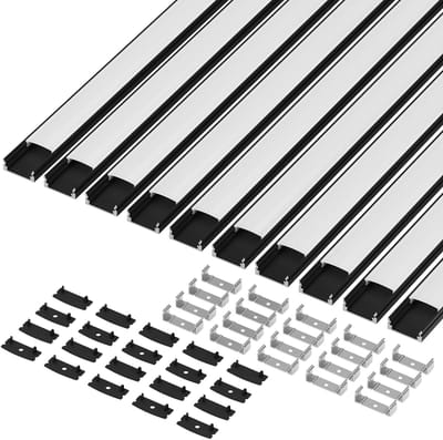 Zwart LED Profiel 10 x 40 cm Aluminium met Melkwitte PC Dekking, Eindkappen en Montageklem voor LED Strips (10-PACK) - Ideaal voor Verlichting en Decoratie