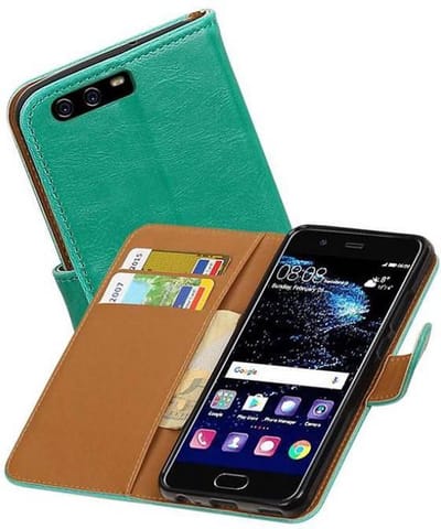 Zakelijke Book Case Telefoonhoesje Geschikt voor de Huawei P10 - Portemonnee Hoesje - Pasjeshouder Wallet Case - Groen