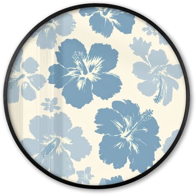 Poster in lijst Rond - Fotolijst 60x60 cm - Posters - Hibiscusbloemen - Blauw - Patroon - Tropisch - Ronde posterlijst zwart - Decoratie - Wanddecoratie woonkamer - Muurdecoratie slaapkamer