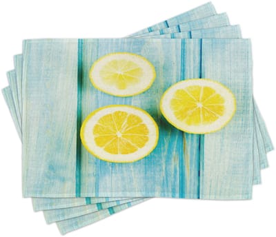 ABAKUHAUS Geel en Blauw placematten, sapige citroenschijfjes op een veranda van oude houten planken, zomerse verfrissende afbeelding, tafeldecoratie van kleurvaste stoffen voor eetkamer en keuken, hemelsblauw en geel