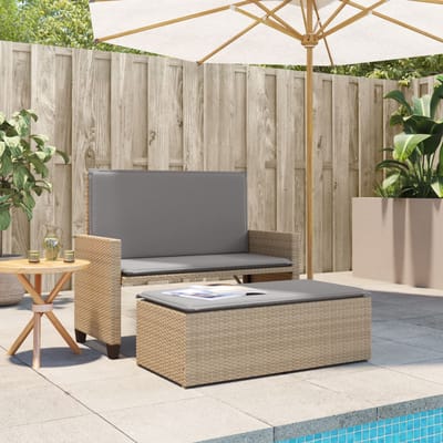 vidaXL - Tuinbank - met - kussens - en - voetenbank - poly - rattan - beige