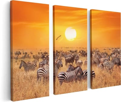 Artaza Canvas Schilderij Drieluik Kudde Zebra's Bij Een Oranje Zonsondergang - 120x80 - Foto Op Canvas - Canvas Print