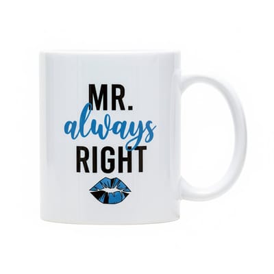 Mr. Always Right Mok 330ml – Grappige Romantische Koffiebeker met Blauwe Kusprint – Leuk Cadeau voor Man, Vriend & Jubileum