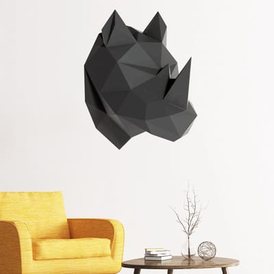 3D origami sticker van een zwarte neushoorn in profiel, 100 x 80 cm
