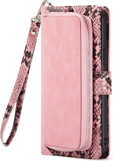 Casemania Hoesje Geschikt voor Apple iPhone 13 Pro - Roze - Luxe Wallet Bookcase met Rits Pasjeshouder en Standaard - Kunstleer Portemonnee Telefoonhoesje met Slangenstructuur en Extra Opbergruimte