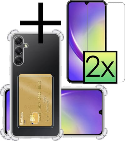 Hoesje - Geschikt voor Samsung Galaxy A34 - Met 2x Screenprotector - Pashouder - Kaarthouder - Telefoon Hoes Shockproof - Siliconen Case - Back Cover - Shock Proof - Pasjes Houder - Transparant