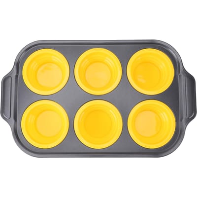 Taartmaker Bakplaat Opvouwbaar Druktype Gemakkelijk Loslatend Siliconen 6 Cupcake Bakvorm voor Thuiskeuken Yellow