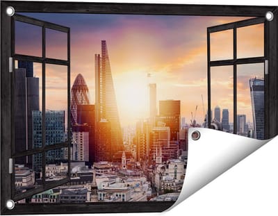Gards Tuinposter Doorkijk Londen Stad bij Zonsopgang - 60x40 cm - Tuindoek - Tuindecoratie - Wanddecoratie buiten - Tuinschilderij