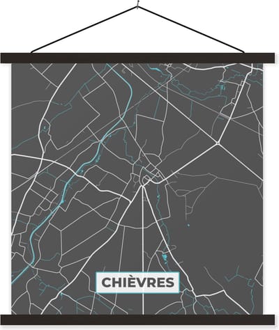 Posterhanger incl. Poster 60x60 cm - Schoolplaat - Stadskaart – Grijs - Kaart – Chièvres – België – Plattegrond - Textielposter - Zwarte latten - Stadskaart
