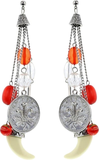 Behave® oorbellen zilverkleur met rode hangers en tand 10,5 cm