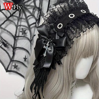 Steampunk Y2K Vleugel Hoofddeksel Strik Haarband Lolita Gothic Donkere Engel Hoofddeksel en Haaraccessoires zwart