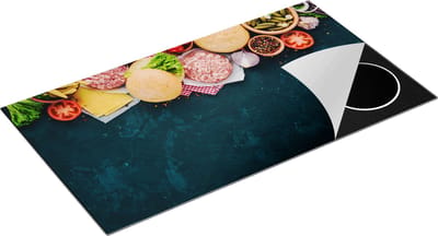 Chefcare Inductie Beschermer Hamburger Ingrediënten op een Marmeren Plaat - 95x50 cm - Afdekplaat Inductie - Kookplaat Beschermer - Inductie Mat