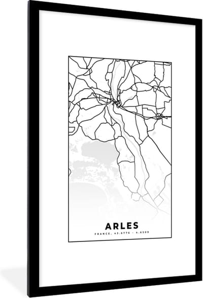 Fotolijst incl. Poster Zwart Wit- Frankrijk – Plattegrond – Stadskaart – Arles - Kaart - Zwart wit - 80x120 cm - Posterlijst