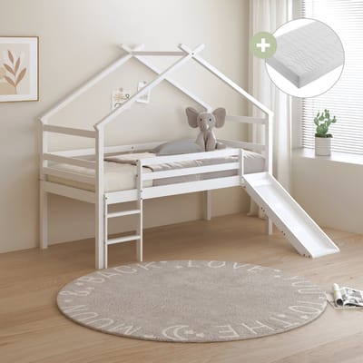 Sunny River Halfhoogslaper – Met Glijbaan – Met Uitvalbeveiliging en rechte ladder - Bedhuisje – 213 x 97 x 183 cm – Peuterbed Meisjes en Jongens – FSC 100% Hout – Huisbed 90x200 - Met Lattenbodem – Kinderbed - Inclusief Matras – Wit