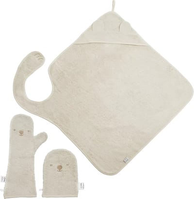 Voordeelset - The Original Baby Shower Glove met Handsfree Badcape en Washandje - Nifty - Baby Washandje - Lange washand - Badcape 100x100 - Washandje Baby - Biologisch Katoen – Vanille