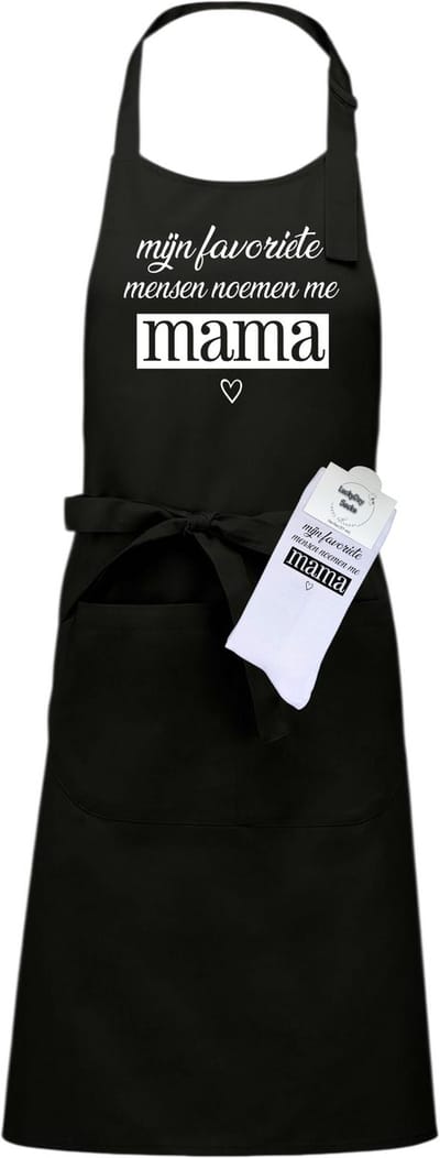 Keukenschort en sokken met tekst - Giftset - Mijn favoriete mensen noemen me mama - Oma cadeau - Moederdag cadeau - Zwart - Verstelbaar - Cadeau idee - Verjaardag - Cadeau dames en heren - Jubileum - Afscheid - Verrassing - Grappig cadeau - Onesize