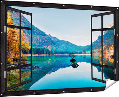 Gards Tuinposter Doorkijk Meer met Herfstbomen - 180x120 cm - Tuindoek - Tuindecoratie - Wanddecoratie buiten - Tuinschilderij