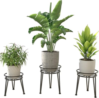 Famanu - Set van 3 metalen plantenstandaards voor buiten, roestvrij, zware bloempotstandaard, zwart