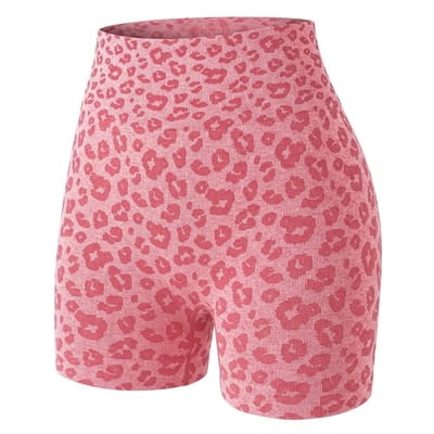 Fel roze sport short dames – high waist fitness short – elastische yoga short met luipaardprint – aansluitende sport broek voor yoga fitness training en hardlopen – sportieve workout short – maat S