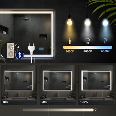 CLP Jaffrey badkamerspiegel - met verlichting - met verwarming - wandspiegel - horizontaal en verticaal - met Bluetooth - helder/glas
