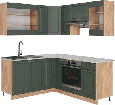 Vicco Hoekkeuken Fame-Line, Groen-Goud Landhuis/Goudkleurig Eiken, 190 x 160 cm zonder werkblad