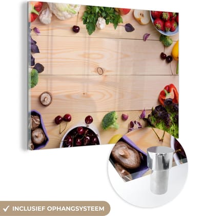 MuchoWow® Glasschilderij 120x90 cm - Schilderij acrylglas - Fruit - Aardbeien - Paprika - Keuken - Foto op glas - Schilderijen