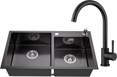 Auralum max Dubbele Spoelbak (75x45cm) Antraciet - Spoelbak Keuken Met Keukenkraan - Duurzaam, Veelzijdig en Geluiddempend - Met zeepdispenser 300ml en Waterafvoersysteem