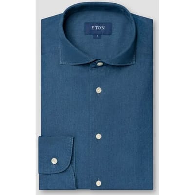 Eton Overhemd Lightweight Italian Woven Denim Twill Mélange Donker Blauw / male