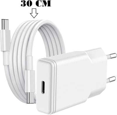 USB C Adapter 20W oplader met (30 cm) USB C naar USB C kabel Geschikt voor Samsung Samsug Super Fast Charge - Wit
