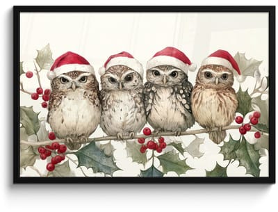 Poster in lijst - Fotolijst 90x60 cm - Posters - Uilen - Tak - Hulstblaadjes - Kerstmuts - Posterlijst zwart - Decoratie - Wanddecoratie woonkamer - Muurdecoratie slaapkamer - Kerstversiering - Kerstdecoratie voor binnen - Kerstmis