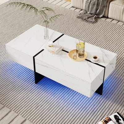 Gutent Hoogglans Salontafel, Wit, Sspaanplaatmateriaal, Opbergruimte met laden,Imitatiemarmerstructuur, 100*50*34,5 cm, met toepassingsgestuurd LED-verlichtingssysteem
