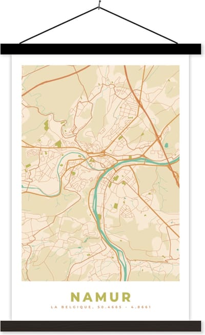 Posterhanger incl. Poster 40x60 cm - Schoolplaat - Stadskaart - Plattegrond - Kaart - Namen - Vintage - Textielposter - Zwarte latten - Stadskaart