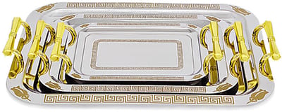 VHV - Dienblad - Serveerplateau - Presenteerschaal - Set van 3 - RVS - Met gouden handvaten - Decoratieve tray - Voor bruiloft en feestjes - Rechthoekig - Stijl 2