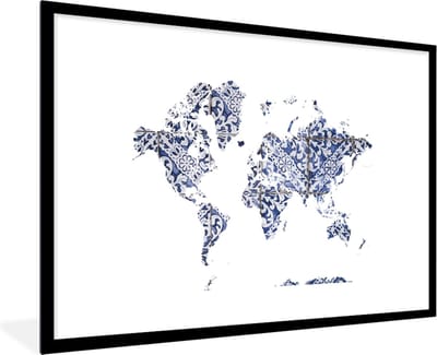 Poster in lijst - Fotolijst 90x60 cm - Posters - Wereldkaart - Delfts Blauw - Wit - Posterlijst zwart - Decoratie - Wanddecoratie woonkamer - Muurdecoratie slaapkamer