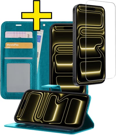 Hoesje - Met Screenprotector - Geschikt voor Apple iPhone 17 Pro - Luxe Pasjeshouder - Bookcase Portemonee - Flip Case - Kunstleer Book Case - Flipcase - Book Cover - Walletcase - Portemonneehoes - Telefoonhoesjes - Turquoise