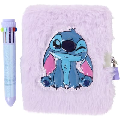 Disney - Fluffy dagboek met slot en 10 kleuren multicolor pen - Lilo & Stitch - lila paars - knipoog - boek - journal