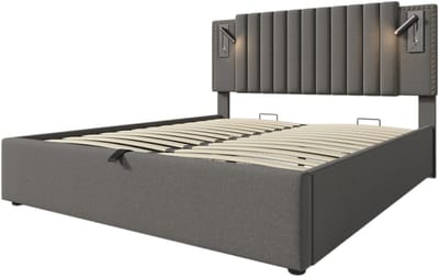 COVREO Gestoffeerd bed met verstelbaar hoofdeinde – 180x200 cm – Tweepersoonsbed met opbergruimte en leeslamp – USB-C en lattenbodem – Grijs - zonder matras