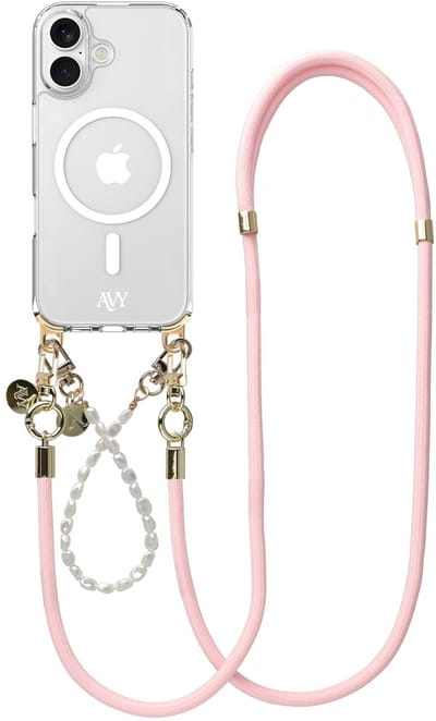 AVY Hoesje geschikt voor Apple iPhone 16 | Compatibel met MagSafe | Clear Case met Telefoonkoord Set | Polsband & Crossbody Pearl & Rope Pink