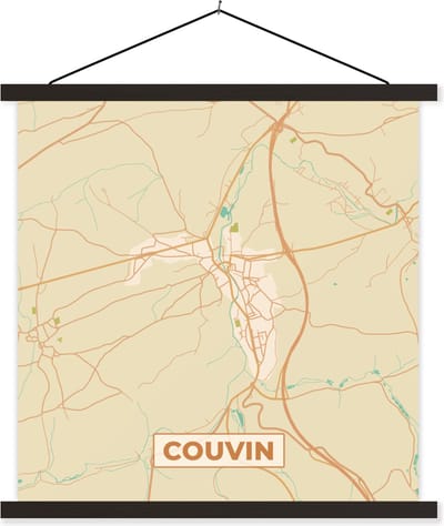 Posterhanger incl. Poster 60x60 cm - Schoolplaat - België - Couvin - Kaart - Plattegrond - Stadskaart - Textielposter - Zwarte latten - Stadskaart