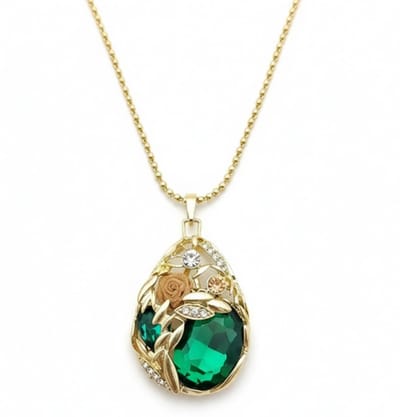 Goudkleurige ketting met druppelvormige groene hanger en bladmotief – ketting voor dames – klassiek vintage design – ketting met hanger