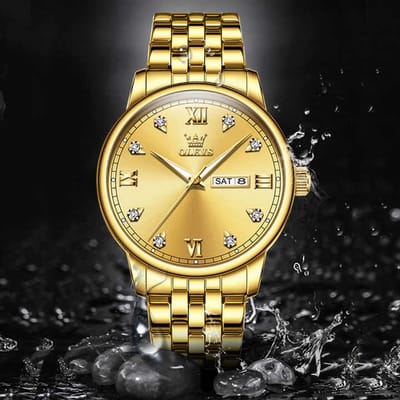 HO-5525.g : Olevs stijlvol goudkleurig edelstaal quartz horloge, weekdag & datum