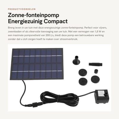 Dailygoods - Zonne-fonteinpomp - Energiezuinig - Compact formaat - Ideaal voor vijver - Eenvoudig te installeren - Voor tuin en zwembad