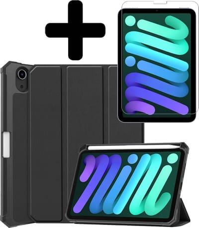 Hoes - Geschikt voor Apple iPad Mini 6 (2021) - 8.3 inch - 6e Generatie - Met Screenprotector - Trifold Bookcase - Hard Cover Case - Met Uitsparing Geschikt voor Apple Pencil - Hardcover Book - Tablet Hoesje - Zwart